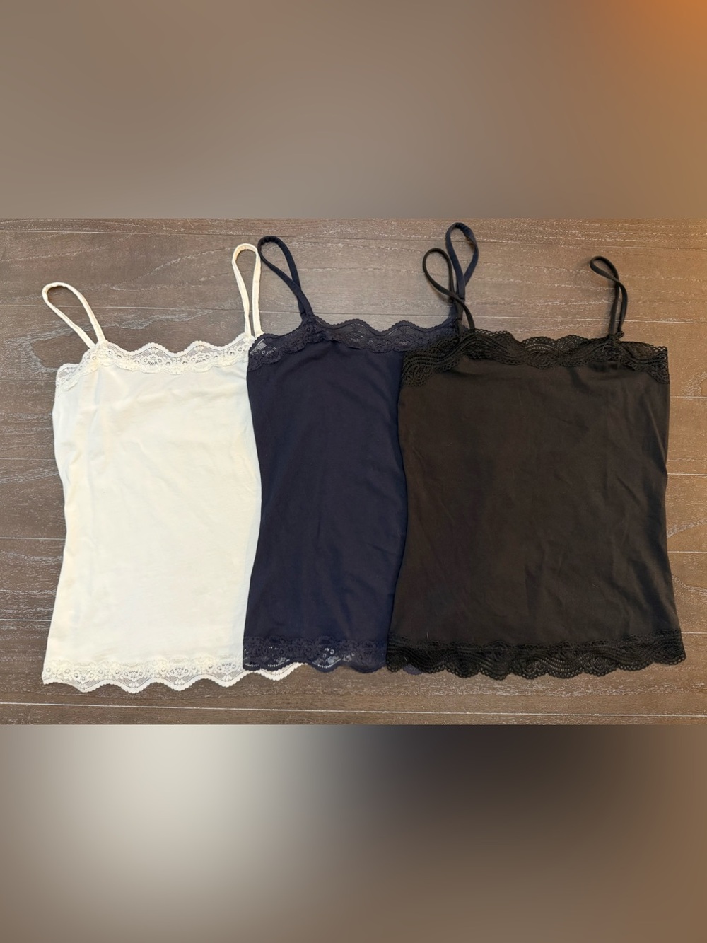 3 Ann Taylor Factory Lace Trim Cami Tank Tops . Black, Blue & White Size S